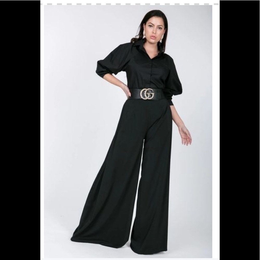 Black side pleat detail wide leg pants.